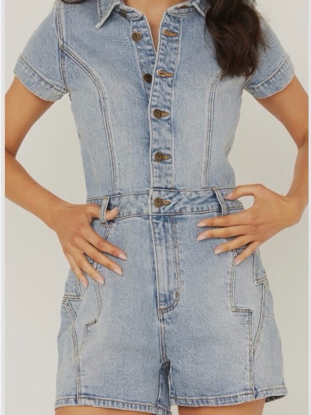 ROLLA'S X AC/DC Light Blue Denim Short Overalls Romper